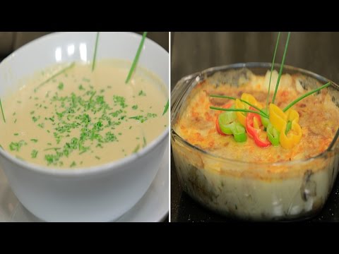 بالفيديو طريقة عمل دجاج بالبشاميل وشوربة بطاطس  ومدفونة سمك