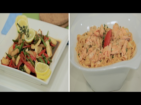 طريقة عمل كاليماري بالخضار ومكرونة بالسالمون