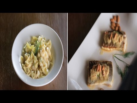 طريقة إعداد سمك لوط باللوز وباستا بالجمبري