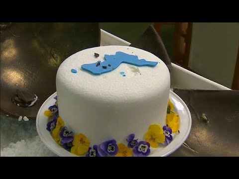 شاهد تقديم قطعة مرطبات تعلوها خريطة شبه الجزيرة في ختام قمة الكوريتين