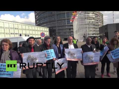 شاهد نشطاء يتظاهرون أمام البرلمان الأوروبي