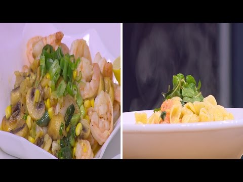 طريقة عمل جمبري بالمشروم و الذرة الحلوة  مكرونة قواقع بالنعناع