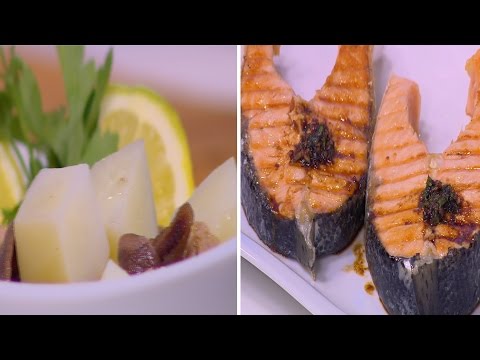 بالفيديو طريقة عمل سلمون ستيك بصوص الجنزبيل  سلطة بطاطس بالتونة
